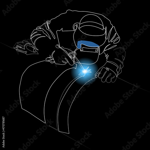 Welder mounts in the trunk pipeline electrochemical protection Vector illustration. Young man welder in brown uniform welding mask and welders leathers weld metal