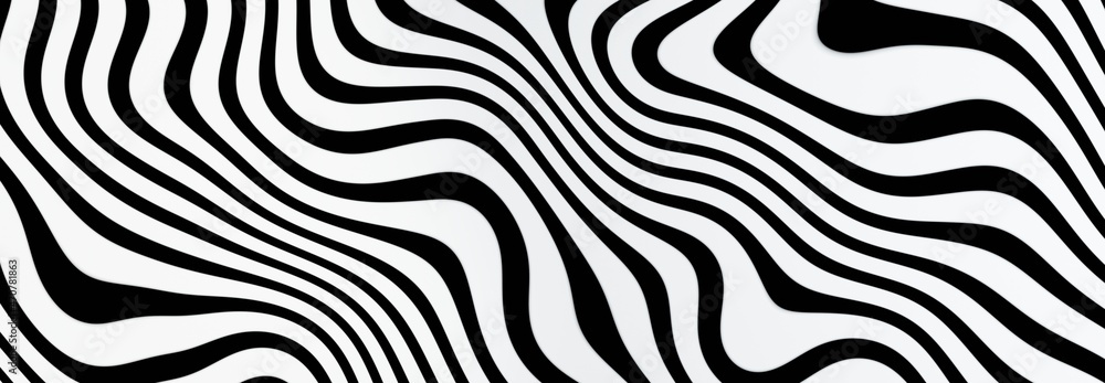 3d rendering illustration of stripes,wave,asymmetrical,abstract background black and white, zebra pattern for fabric,website banner.