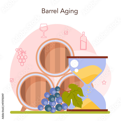 Wine production concept. Wine aging in a wood barrel or clay amphora.