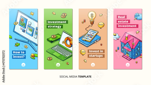 Investment strategies, invests in startup isometric cards. Laptop and pc monitor with data graphs and charts, real estate, smartphone, light bulb. Income analysis 3d vector line art vertical banners