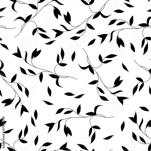Floral seamless with hand drawn leaves. Cute autumn black and white background. Tropic grass branches. Modern floral compositions. Fashion vector illustration for wallpaper, poster, fabric, textile