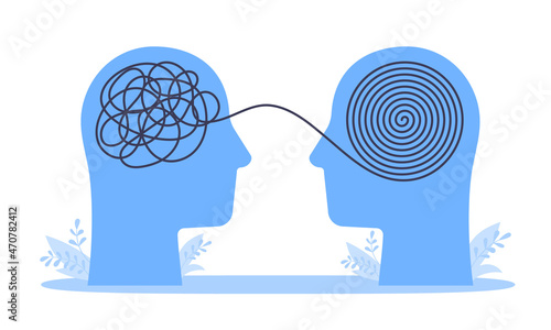 Psychologist consulting or mental problem solving brainstorm concept. Human heads with tangled chaos disorder turns into order line, finding solution. Coach, mentoring psychotherapy. Complex to simple