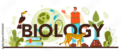 Biology typographic header. Scientist make laboratory analysis of life system
