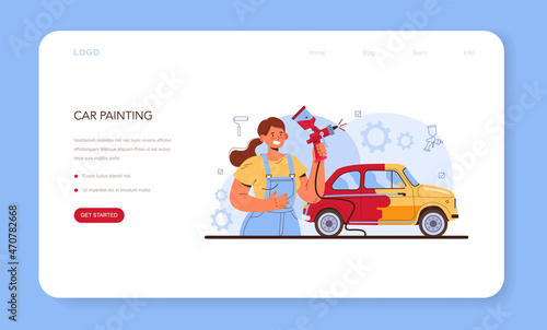 Car service web banner or landing page. Mechanic in uniform paint