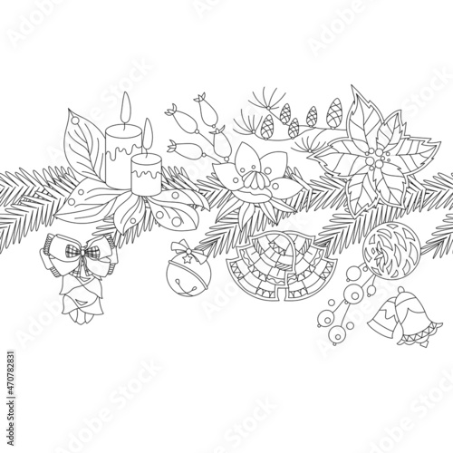 Endless border for Christmas tree decoration. Festive objects in winter garland. Black and white decoration on white background. Elements for season design and coloring book