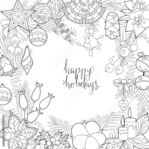 Cute Christmas square frame. Winter holiday decoration. Black and white elements. Traditional festive decor for season design. Hand drawn illustration for children and adults and coloring books.