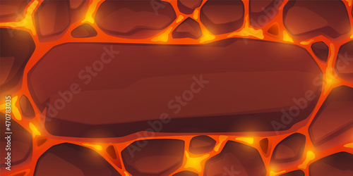 Background of lava with stones. Banner with volcano eruption abstract pattern with hot molten magma. Vector cartoon illustration of flowing liquid lava in rocks
