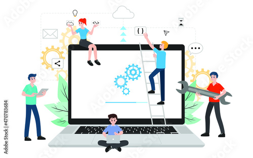 IT administrator with software upgrade process on laptop. Digital system device administration, network upkeeping, computer systems configuration concept. System maintenance application vector.