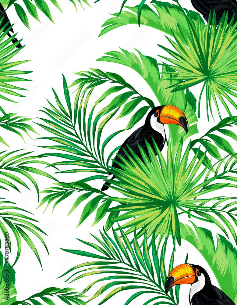 Fototapeta premium Summer tropical vector pattern with birds and palm leaves. Seamless botanical background. ESP 10. Tropic wallpaper.