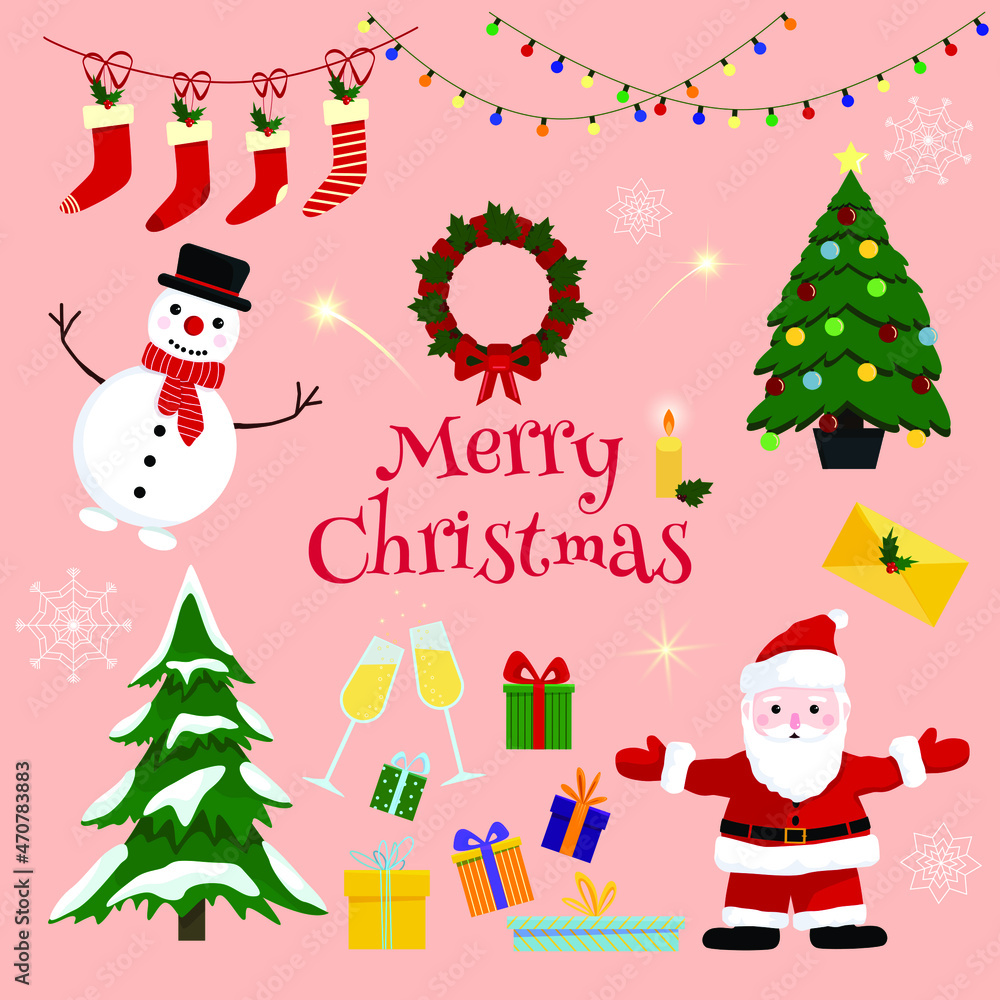Set of Christmas decorations and characters: Santa Claus, Snowman, candle, wreath, Christmas tree, gifts, garlands, socks, snowflakes