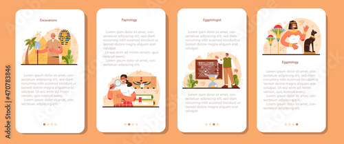 Egyptiology mobile application banner set. Ancient Egypt papyrus, pyramid