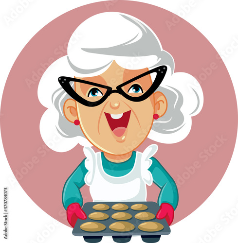 Happy Senior Woman Holding a Tray of Muffins Vector Cartoon