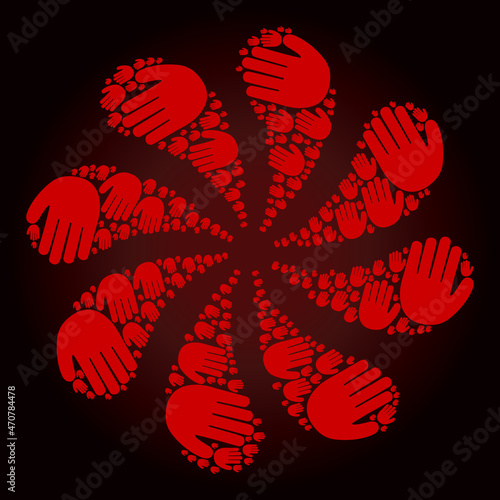Red hand palm icon swirl abstract flower salute shape on red dark gradient background. Flower twist done from red random hand palm items.