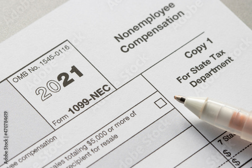Closeup of Form 1099-NEC, Nonemployee Compensation. The IRS has reintroduced Form 1099-NEC as the new way to report self-employment income instead of Form 1099-MISC. photo