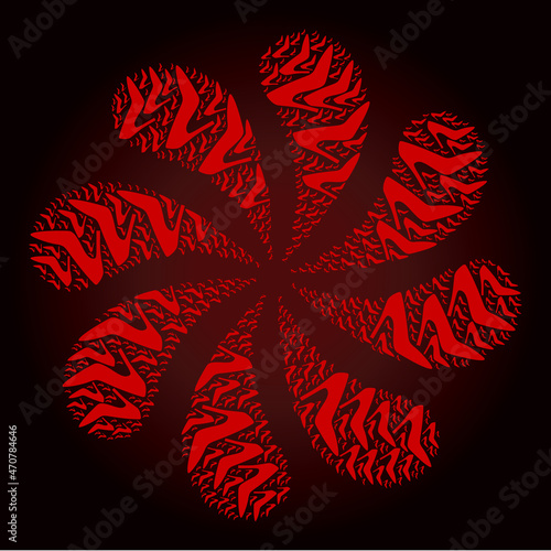 Red high heel lady shoe icon twirl motion petals fireworks shape on red dark gradient background. Turbine twirl combined from red scattered high heel lady shoe items.