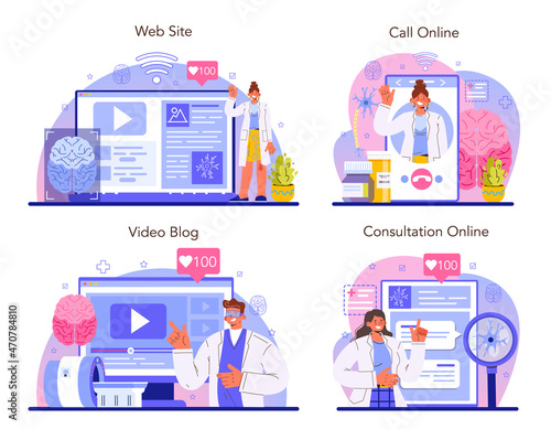 Neurologist online service or platform set. Doctor examine and treat brain