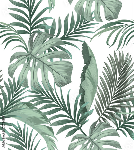 Jungle vector pattern with tropical leaves.Trendy summer print. Exotic seamless background. Wallpaper. Tropic banner.