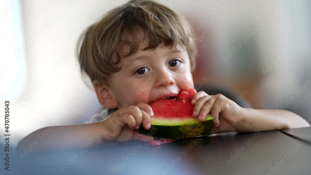 Little boy eating watermelon fruit. Child eats healthy fruit dessert Little boy eating watermelon fruit. Child eats healthy fruit dessert