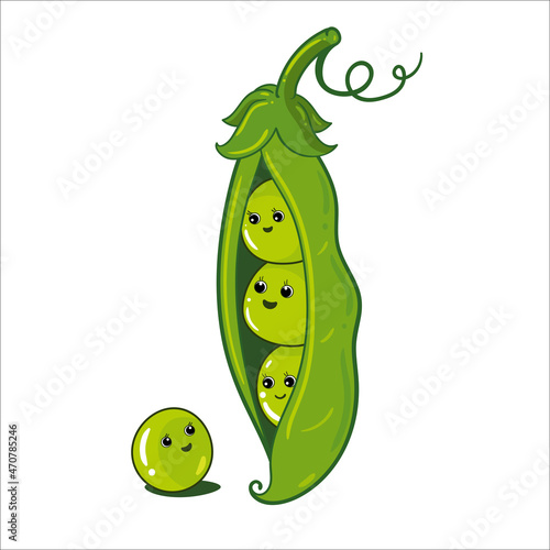 Cartoon vegetables. Cute character from green peas, beans, pod, for kids Vector Isolated food Illustration