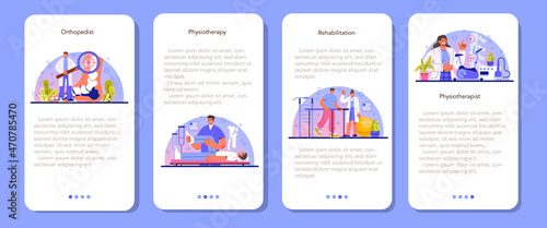Physiotherapy mobile application banner set. Doctor helping patients