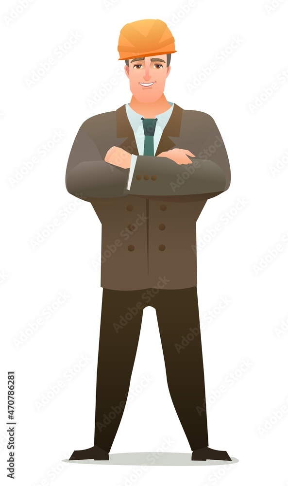 Man engineer in suit and protective helmet. Office guy at construction site. Cheerful person. Standing pose. Single Character cartoon comic style. Illustration isolated on white background. Vector Man engineer in suit and protective helmet. Office guy at construction site. Cheerful person. Standing pose. Single Character cartoon comic style. Illustration isolated on white background. Vector