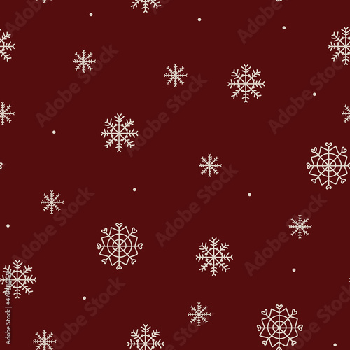 Red pattern with lines doodle white snowflakes. Winter texture, textiles, wallpaper, background.