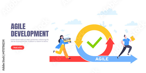 Agile development methodology business concept flat style design vector illustration isolated on white background. Agile life cycle for software development diagram. Business person run into project.
