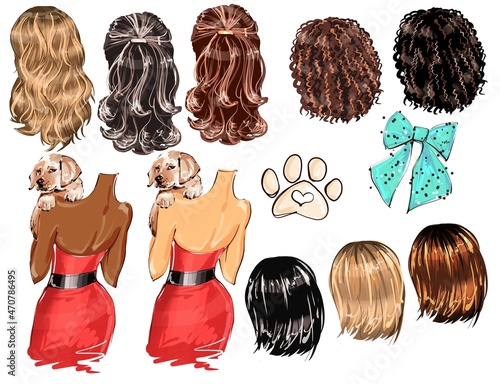 Fashionable girl with dog clipart, hairstyles and skin variations 