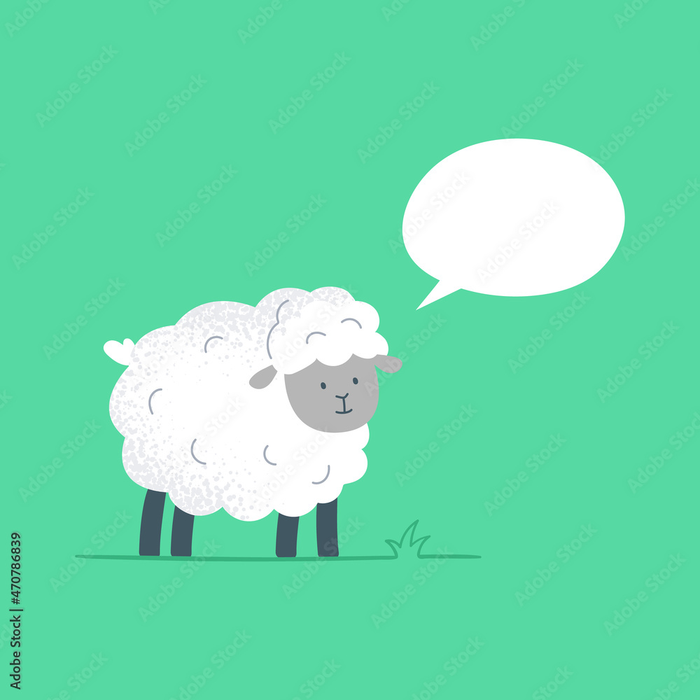 A cute sheep with an empty speech bubble. A funny little sheep on a green background. Vector flat illustration. A cute sheep with an empty speech bubble. A funny little sheep on a green background. Vector flat illustration.