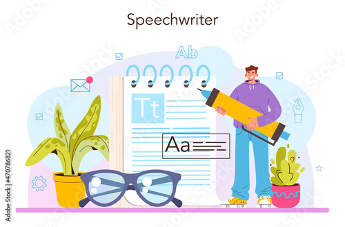 Speechwriter concept. Professional speaker or journalist write a content