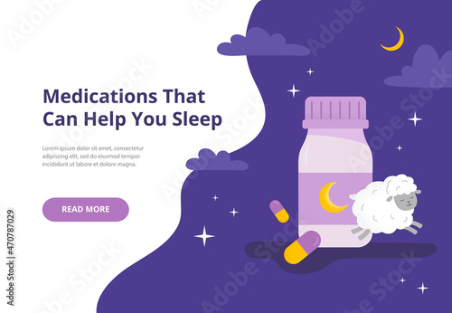Medications that help sleep. A concept with sleeping pills, and sheep. Sleep time. Trendy vector flat illustration for banners, landing pages.