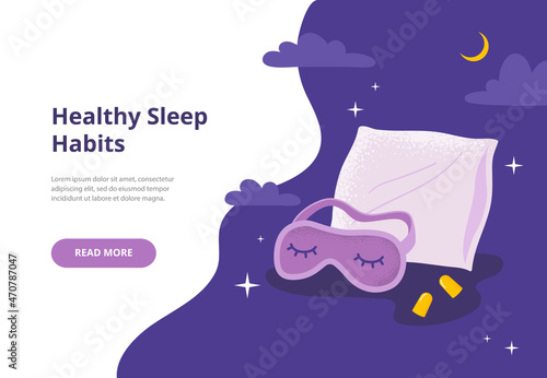 Items that help sleep. A concept with a sleeping face mask, earplugs, and comfortable pillow. Sleep time. Trendy vector flat illustration for banners, landing pages.