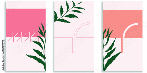 Social media covers with simple design elements . Boho style . Leaves . Post frame stories templates.  Layout for promotion .Media banner .Vector