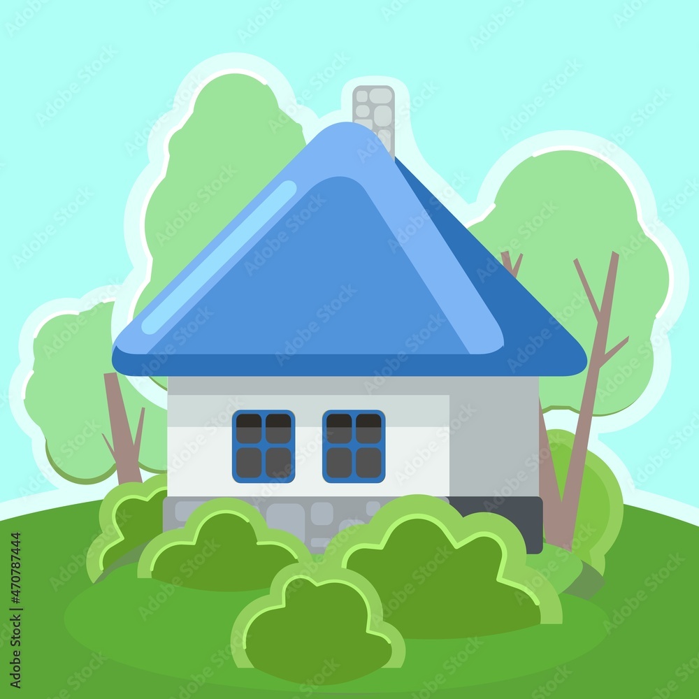 Small country house with white walls and blue roofs. Funny cartoon style. Country suburban village. Traditional simple architecture. Illustration for children. vector. Small country house with white walls and blue roofs. Funny cartoon style. Country suburban village. Traditional simple architecture. Illustration for children. vector.