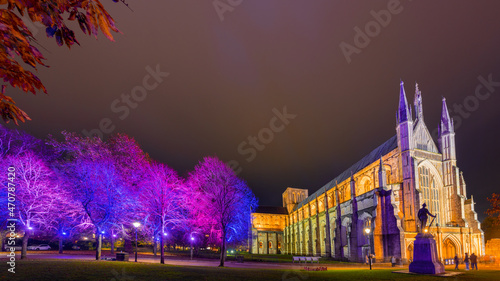 Winchester, England - Nov. 21, 2021. Winchester Cathedral is one of the finest medieval cathedrals in Europe. and the resting place of Saxon royalty, and Jane Austen, the much-loved English novelist. photo