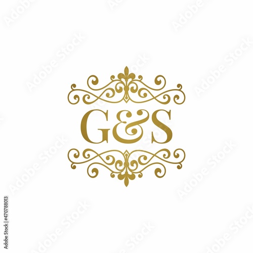 G&S initials logo ornament gold. Letter GS wedding ampersand or business partner symbol.	