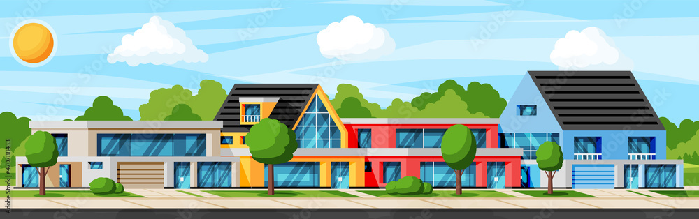 Fototapeta premium Landscape with Residential Cottage or Countryside Building Exterior. Facade with Trees and Garden at Front Yard. Modern Suburban House. Real Estate Concept. Cartoon Flat Vector Illustration