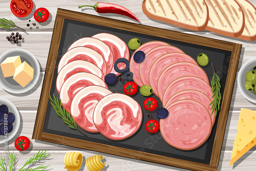 Platter of cold meats and smoked meats on the table background
