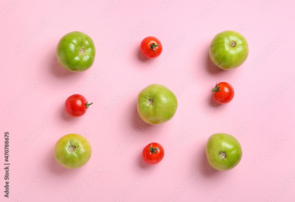 Different fresh green and red tomatoes on pink background Different fresh green and red tomatoes on pink background