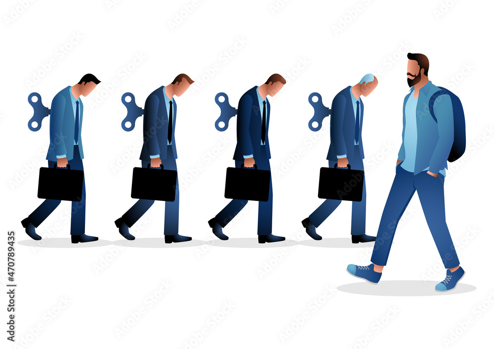 Man in casual clothing walking opposite way from businessmen with winders, freelancer, free will concept Man in casual clothing walking opposite way from businessmen with winders, freelancer, free will concept