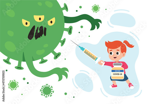 Vaccinated girl with syringe as sword and bottle of vaccine as shield is fighting with coronavirus monster. Vector illustration about vacctination of children in flat style.