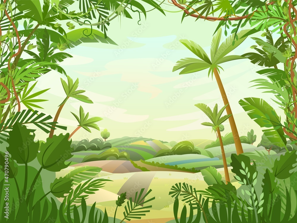custom made wallpaper toronto digitalGreat countryside in the tropics. Vegetable garden hills and meadows. The road goes into the distance. Palm trees and nice summer weather. Funny cartoon style. Green countryside landscape. Vector.