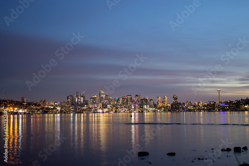 Glowing skyscrapers at sunset