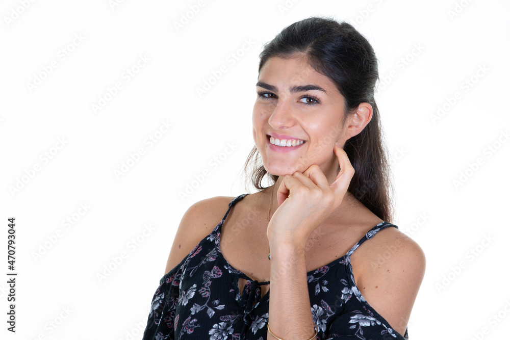 Beauty cute happy woman young brunette smiling posing in white background Beauty cute happy woman young brunette smiling posing in white background