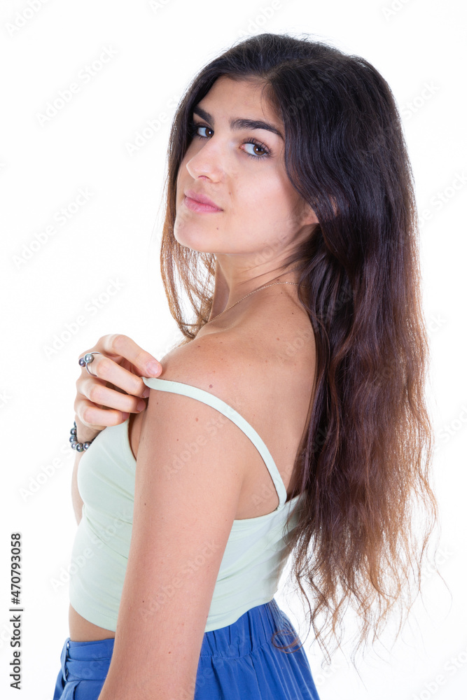 cute woman brunette pose smiling while looking posing front camera cute woman brunette pose smiling while looking posing front camera