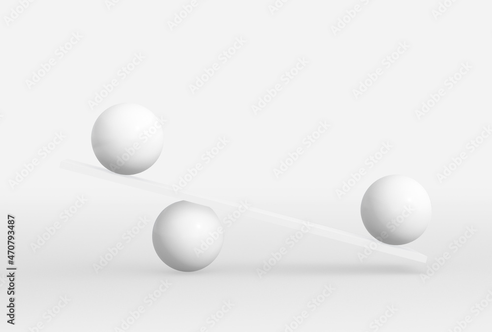 Round shape unbalancing on plank board isolated on white. Asymmetrical and unbalanced concept. 3d rendering. Round shape unbalancing on plank board isolated on white. Asymmetrical and unbalanced concept. 3d rendering.