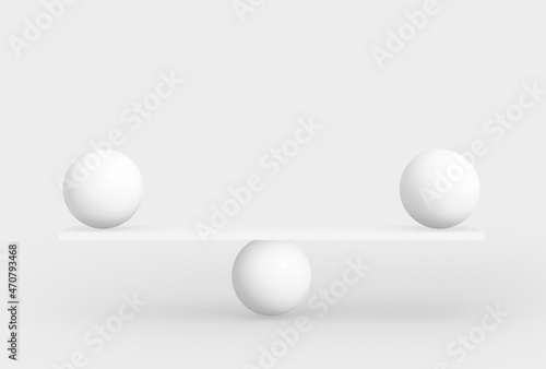 Round shape balancing on plank board isolated on white. Symmetry and balance concept. 3d rendering.