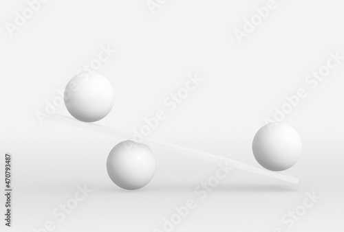 Round shape unbalancing on plank board isolated on white. Asymmetrical and unbalanced concept. 3d rendering.