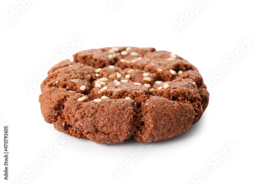 Delicious chocolate cookie with sesame on white background