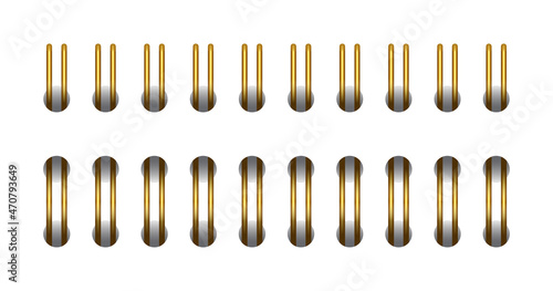 Gold horizontal spiral for open notebook and calendar. Gold spiral wire bindings for sheets of paper. Set vector illustration isolated on realistic style on white background.